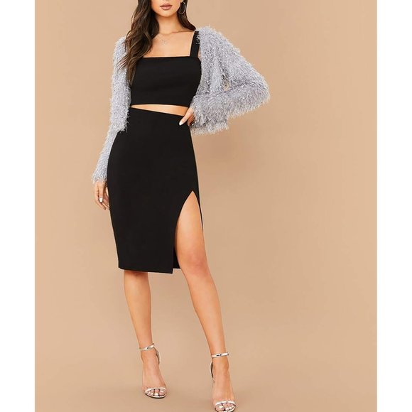 Black Crop Top Fitted and Side Slit Skirt Set - Picture 4 of 6